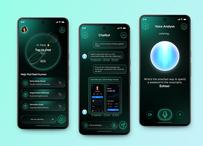 "Echoa – Futuristic AI Chat Experience" ai assistant ai chatbot app design 2025 chatbot design clean ui concept app echoa glowing ui gradient design minimal ui mobile app concept mobile app ui modern interface neon ui next gen design ui inspiration ux design