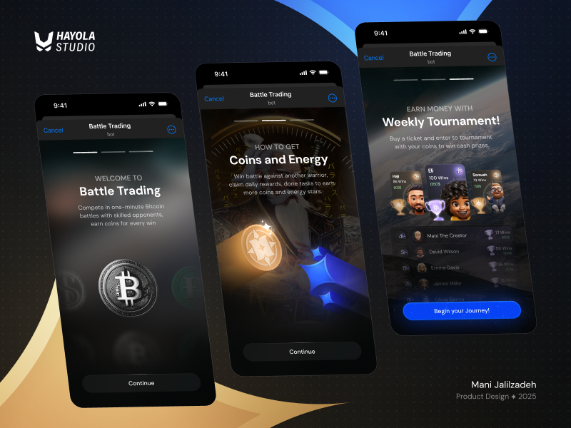Battle Trading : : Onboarding ✨Telegram Mini-App//Crypto Game app ui aurora bitcoin clean design crypto dark ui figma gamification glassmorphism hayola studio mani jalilzadeh maximalist mobile mobile ui onboarding product design telegram telegram mini app uiux user friendly