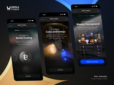Battle Trading : : Onboarding ✨Telegram Mini-App//Crypto Game app ui aurora bitcoin clean design crypto dark ui figma gamification glassmorphism hayola studio mani jalilzadeh maximalist mobile mobile ui onboarding product design telegram telegram mini app uiux user friendly