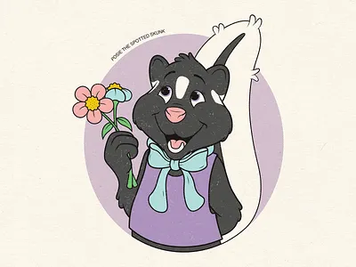 Posie the Spotted Skunk Character Design animal cartoon character design cute design digital illustration doodle drawing flowers fun graphic design halftone illustration nostalgic skunk vector vector illustration vintage