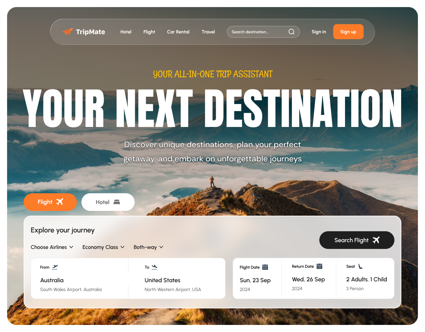 ✈️ TripMate – Travel Website Hero Section UI Design animation branding figma flight booking hero design hotel booking landing page travel travel website ui ui design uiux
