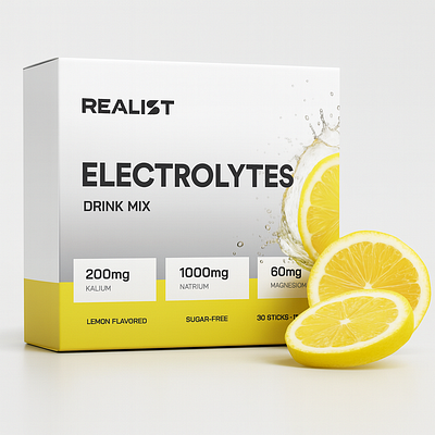 Realist - Electrolytes Mix Packaging Design abstract brand identity branding electrolytes electrolytes brand electrolytes branding electrolytes logo electrolytes packaging lemon lemon packaging modern packaging packaging design supplement supplement packaging