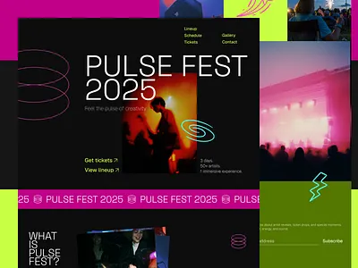 Pulse Fest – Music Festival Website Design brutalism dark mode design desktop event landing page line up music music festival ui ui design ux website