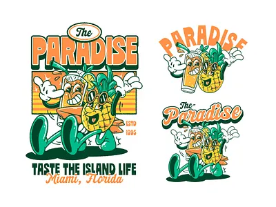 THE PARADISE DESIGN PACKAGE art beach beach vibe branding character mascot chill design graphic design illustration logo mascot mascot design retro mascot shaka tropic design tropical vector