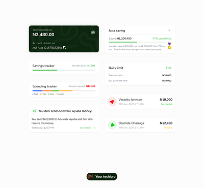 Fintech app cards UI cards ui fintech lagos nigeria light mode mobile app pidgin english ui design