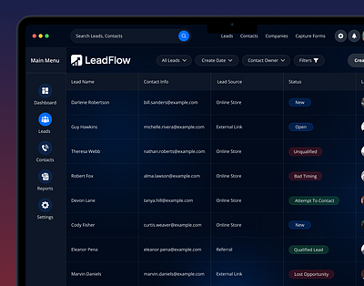 LeadFlow Dashboard – Dark UI Concept dashboard design ui ux