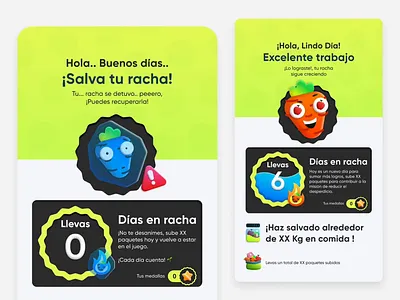 Streak cards appdesign badges cards characterdesign foodwasteapp gamification graphic design illustration mobileapp motivation playfuldesign progress rewards streaks ui ux