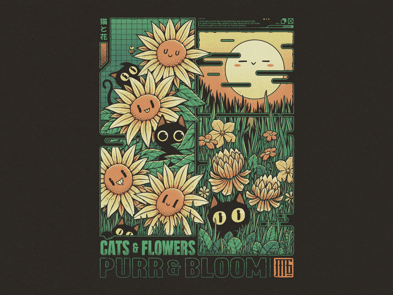 Cats & Flowers cartoon illustration t shirt tee