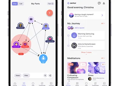 Sentur - IFS App app homescreen ifs internal family systems map mental health product design recovery redesign therapy ui uiux ux uxui uxui design