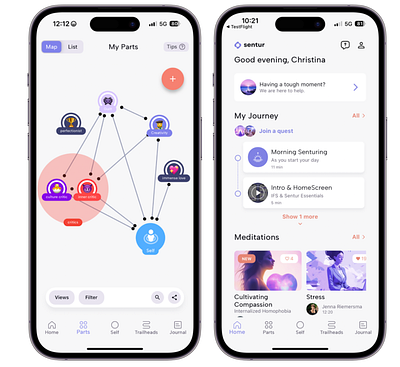 Sentur - IFS App app homescreen ifs internal family systems map mental health product design recovery redesign therapy ui uiux ux uxui uxui design