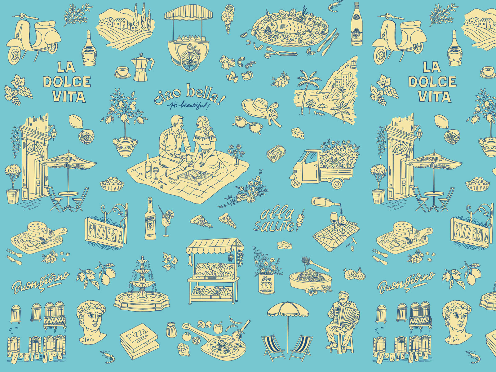 La Dolce Vita Illustrated Surface Pattern Design hand drawn illustration handdrawn ill illustrated pattern illustration italian lifestyle design line art line illustration pattern design pattern illustration repeat pattern surface pattern design textile pattern toile visual identity wallpaper design