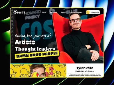 Cosmic Sans Podcast Website audio player design episodes grid illustration podcast ui design ux design video player web design website
