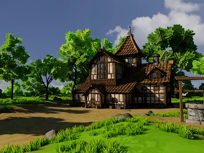 Medieval House 10 With Environment 3D model 3d 3dart 3dmodel art barrel blender3d design environment exterior forest grass house landscape medieval render rock tree well window wooden boxs