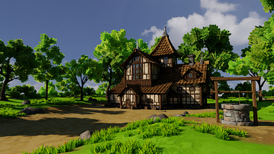 Medieval House 10 With Environment 3D model 3d 3dart 3dmodel art barrel blender3d design environment exterior forest grass house landscape medieval render rock tree well window wooden boxs