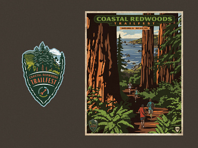 Coastal Redwoods Run badge design illustration logo marathon medal poster redwoods