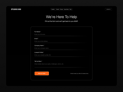 Studio.909 Contact Us Website Page Design Agency Studio Landing agency button contact contact page contact us cta dark funnel get in touch help how can we help layout question saas studio submit tech web design website