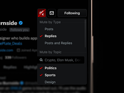 Selectively Mute User Post Types & Topics on X app concept dark mode design dropdown feature gradient ios iphone media mute native post social social media suggestion topic twitter ui ux