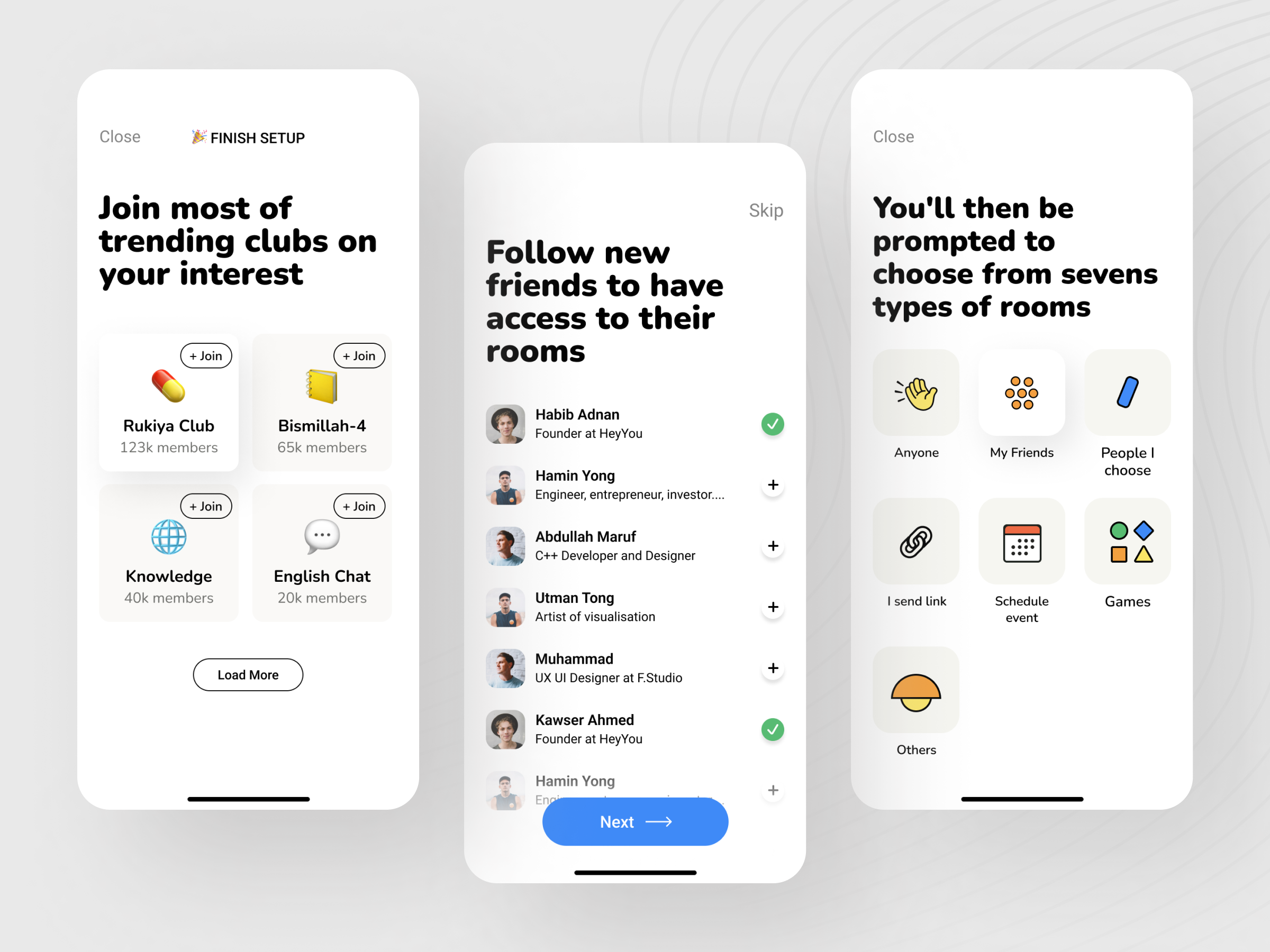 Talk, listen, hang out - Mobile UI card card ui clean app clean app design components graphic design list minimal app minimalist app mobile mobile app mobile design mobile ui mobile ux profile ui ux