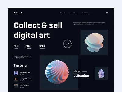 Digital art and NFTs header design digital art work header hero section home page landing page nft marketplace nfts trading ui user interface ux web web design website