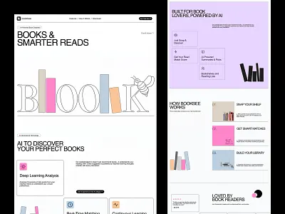 Bookbee—UI/UX Design for AI-Powered Book Discovery Website aero aero design ai. product book discovery bookshop branding clean ui concept design ecommerce edutech landing app landing page minimal mobile app ui ui design uiux ux design web design