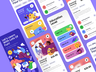 E-course App Exploration app cartoon children course e course education illustration kids mobile playful ui