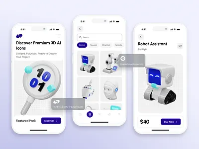 Assetbay - 3D Asset Marketplace Mobile App 3d ai app ar assets clean design digital ecommerce futuristics homepage icon illustration minimal modern shopping ui ux vr