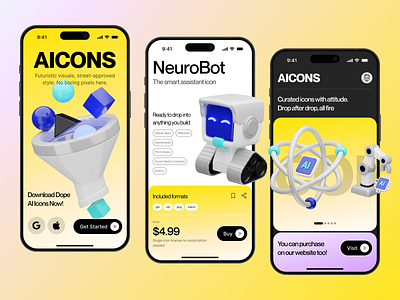 AICONS - 3D Icon Marketplace Mobile App 3d ai app ar assets design homepage icon illustration marketplace minimal mobile modern onboarding product shopping ui ux vr