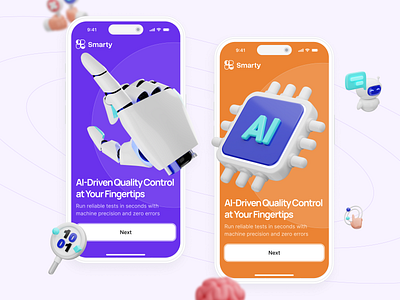 Smarty - AI Driven Quality Control Onboarding ai app ar automation chip design hand icon industrial minimal mobile modern monitoring onboarding quality control smart ui ux