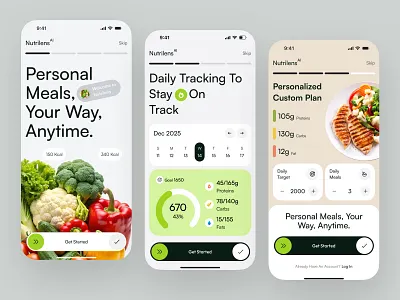 Meal and Nutrition Plan Mobile App UI/UX - Full Screen calendar calories chart dashboard food planner food track graph healtchare ios meal plan medical mobile app nutrition planner product design saas tracking app ui uiux web app