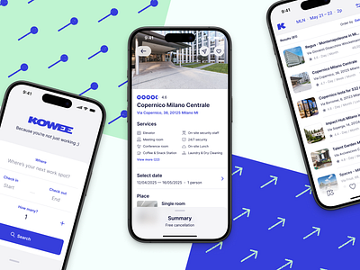 Kowee project amazon app arrow blue coworking design detail dribbble home interface italy list mobile profile search smart ui