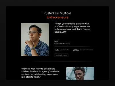 Testimonials Website Section Agency Landing Dark Page Funnel branding dark dark mode funnel lander landing landing page our reviews proof review reviews social proof stats testimonial trust ui ux visual identity web design website