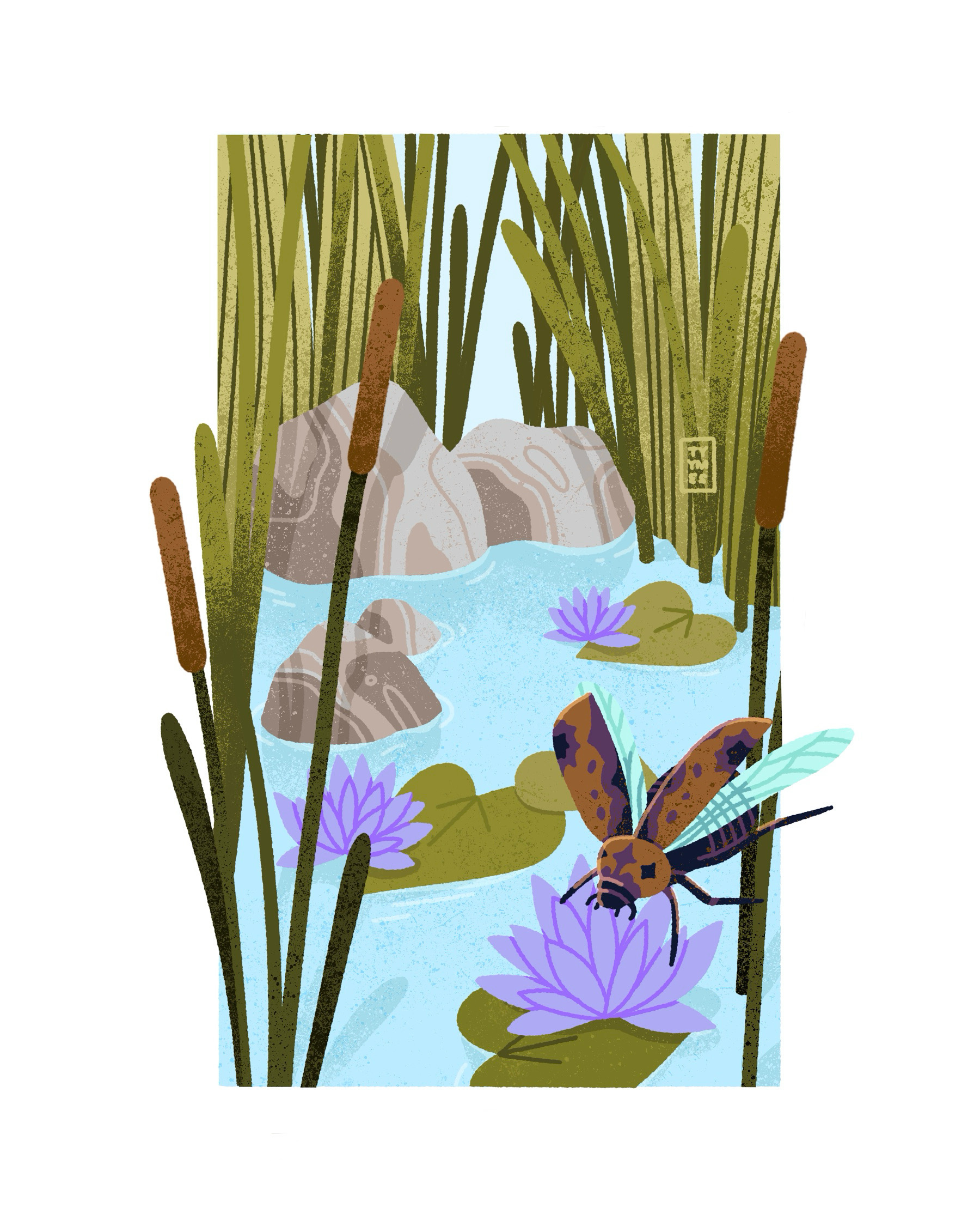 Delicate Pollinator - Nature's Notes | Art challenge 2d art artchallenge beautiful beetle challenge design digital illustration lake lillypad minimal nature naturesnotes naturesnotes2025 pond procreate simple