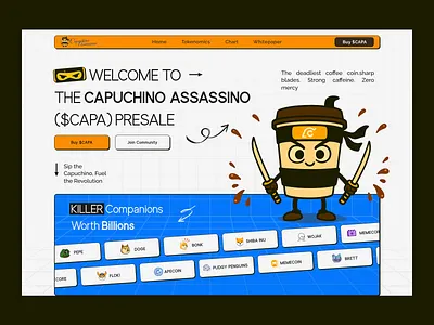 CAPUCHINO ASSASSINO - crypto meme token. capuchino assassino crypto design illustration landing page meme meme coin meme token token trade trend web design website