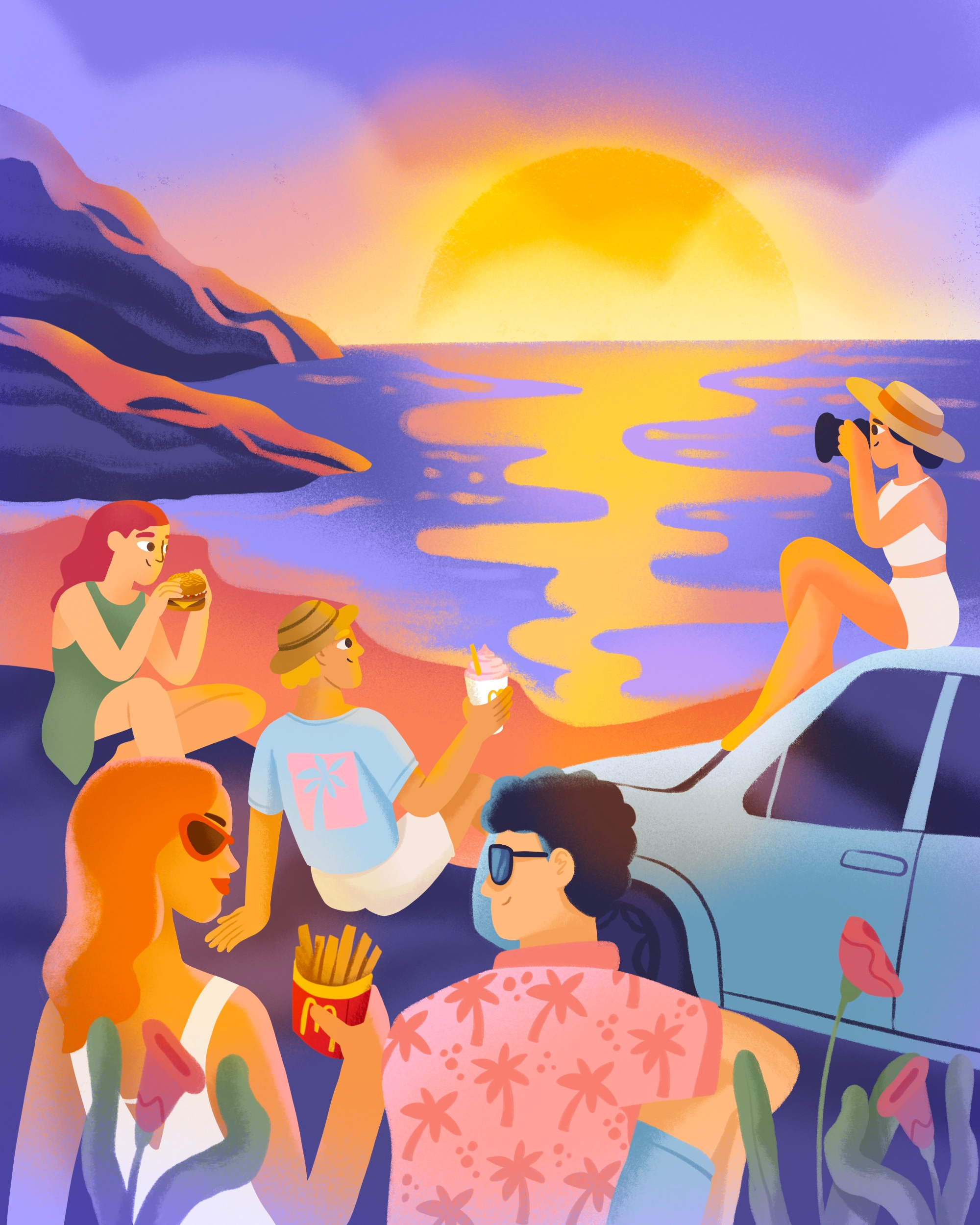 McDonalds Illustration characters fastfood food friends fries hamburger illustration man mcdonalds sea summer sunset woman