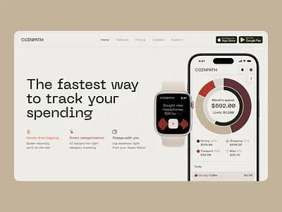 Coinpath • Spending Tracker • Hero Screen Concept app apple branding concept design expenses hero screen landing page light mode minimalist pastelle pie chart pitch tracker ui ux watch