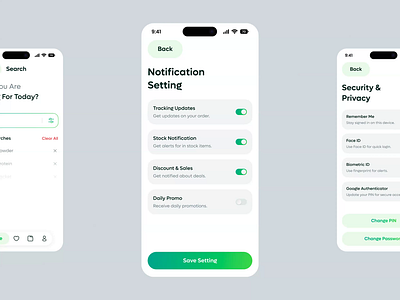 Grocery Mobile App - Search / Settings Screen app concept app interface biometric login clean ui daily ui grocery app interaction design ios app minimal design mobile app mobile ux motion design notification settings search screen security ui settings page shopping app smart search ui design ux design