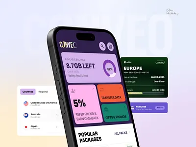 Conveo - eSIM App UI for Global Travelers | Data Plan & Homepage data plan digitalsim dribbble best shot e sim e sim mobile app esim app global e sim international sim card mobile app mobile app design service provider app sim sim card telco telecom telecom app telecom ui travel app trending app uiux