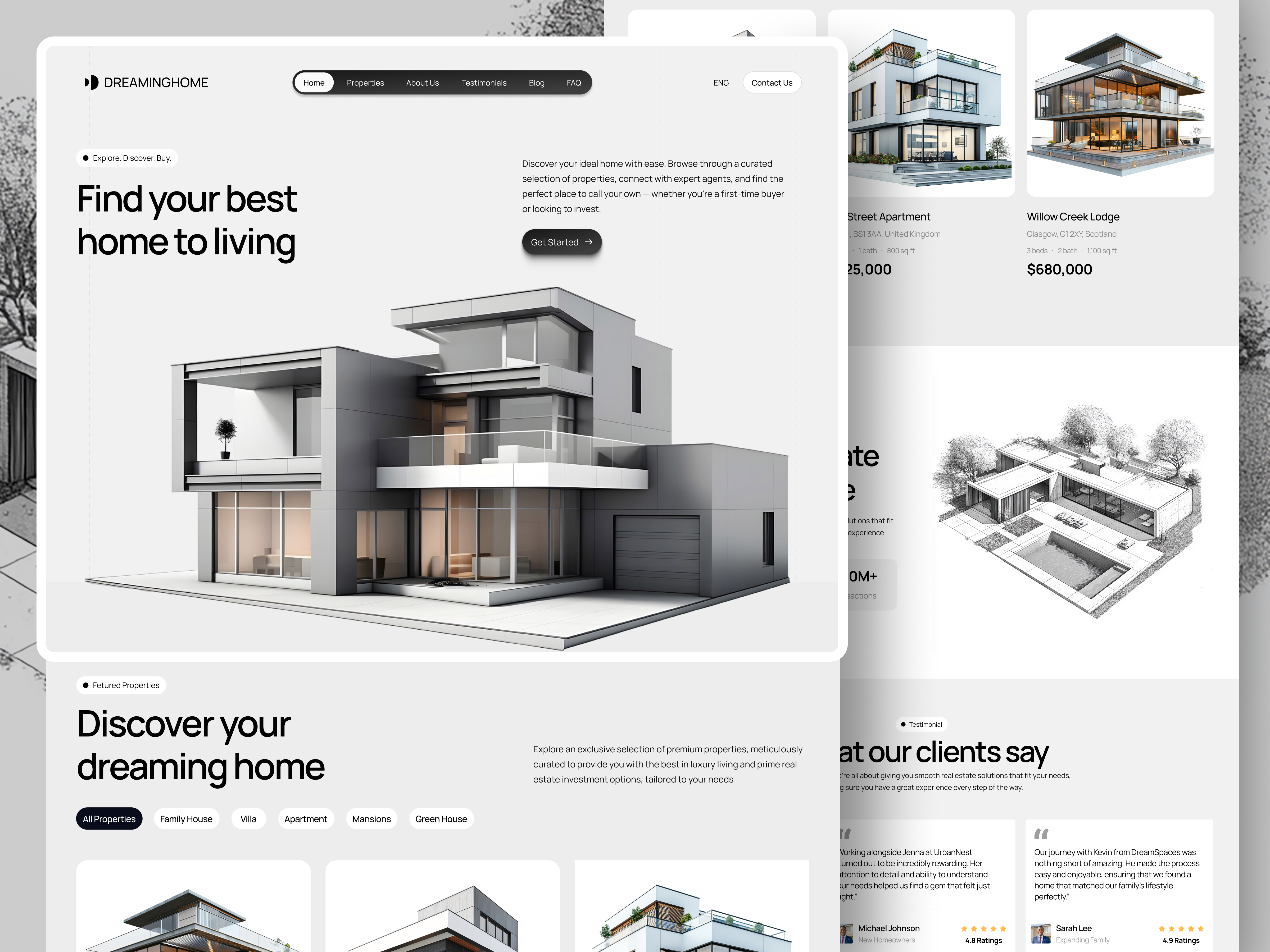 DREAMINGHOME - Real Estate Website agent apartment architecture building business clean company design home house list properties property real estate realestate ux web web design website