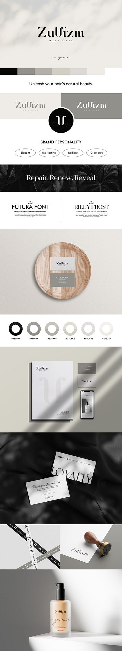 Hair Care Reimagined Zulfizum Brandbook & Packaging bespokelogo brandbook brandidentity branding businesscard faisalarts faisalartsgraphicdesigner logodesign packagingdesign stationerydesign zulfizum zulfizumpackaging