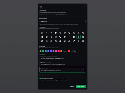Customize UI Theme (Brand, Typography, Logo) color customize dialog font font selection logo logo selection modal saas shadcn theme