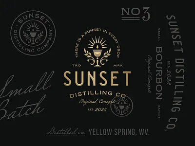 Sunset Distilling Co bourbon brand identity branding classy distillery distilling company gin glass logo graphic design logo logo collection logo design logo lockup sophisticated sun logo vintage vodka whiskey