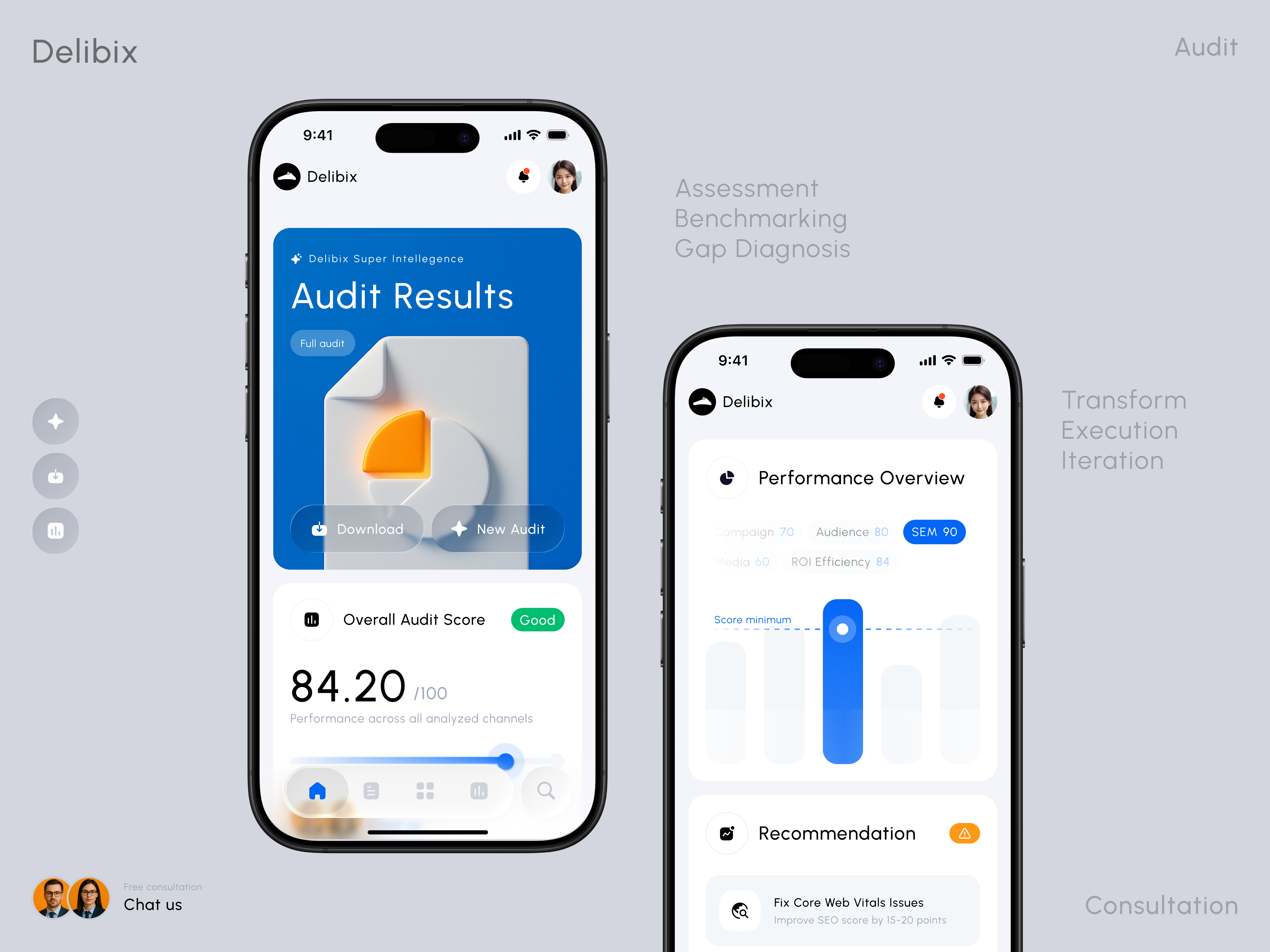 Delibix – Mobile Marketing Audit Dashboard App ai analyze app audit beautiful branding chart clean consultant consulting dashboard design digital element futuristic illustration mobile modern simple ui