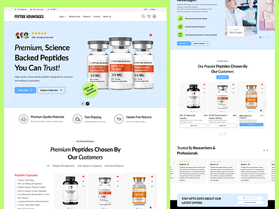 Peptide Ecommerce Website Design clean modern ui design health tech design intuitive product navigation peptide ecommerce website peptide store website design peptide supplement brand professional ui supplement branding web design