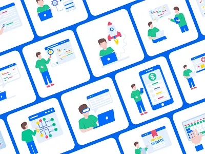 Software Developer Illustration Set app character coding creative design developer digital flat illustration minimal modern programming software startup technology ui ux vector web workspace