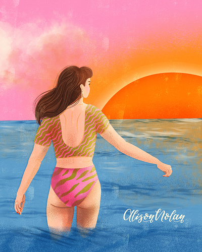 Sunset Swimming DTIYS book cover character design digital design drawing challenge editorial female illustrator female portrait figure hand drawn illustration procreate summer swimsuit wading