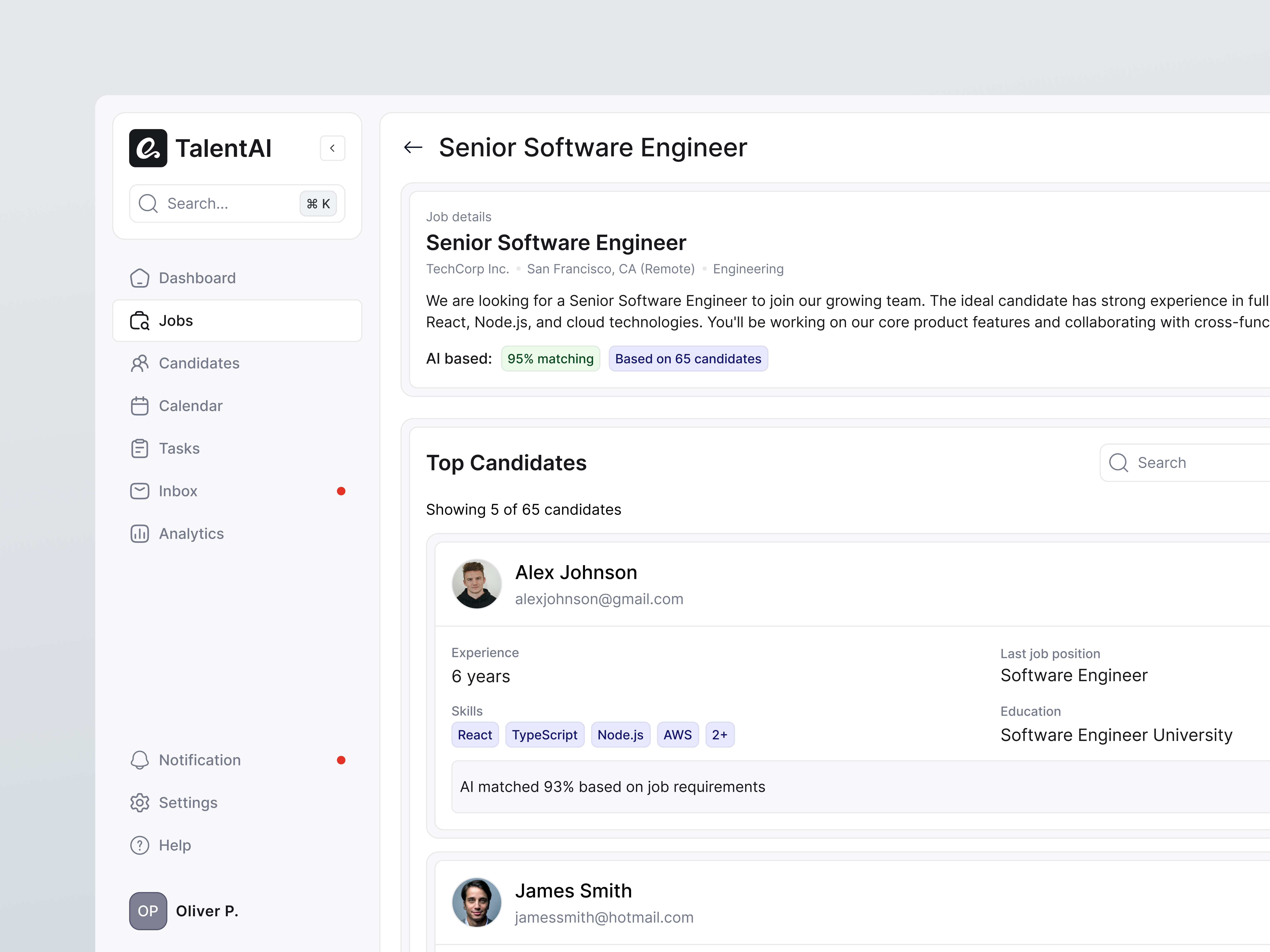 Example of UX/UI Design for AI-Powered SaaS Recruitment Assistant