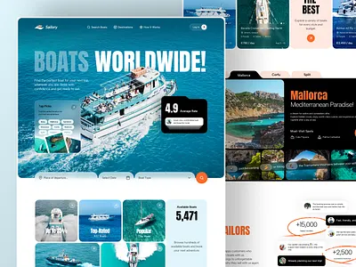 Website for a Boat Rental Platform app boat book dashboard landing rent search travel ui ux web website