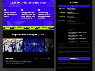ChargeX 2025 Landing Page agenda black blue chargex conference dark ecommerce event figma footer gallery quote recharge testimonials web design