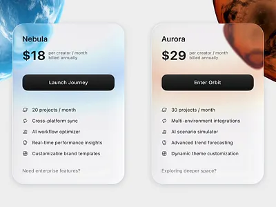 Glassmorphism Pricing Cards — Futuristic Planets UI product design