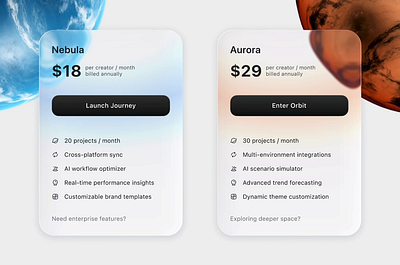Glassmorphism Pricing Cards — Futuristic Planets UI product design